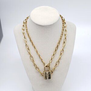 Authentic Louis Vuitton Gold Padlock w/ Unbranded Fashion Stainless Steel Chain
